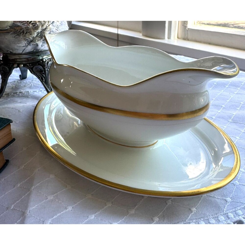 EAMAG Schönwald Bavaria the Empire Porcelain Gravy Boat Underplate Gold Gilt - Picture 3 of 16